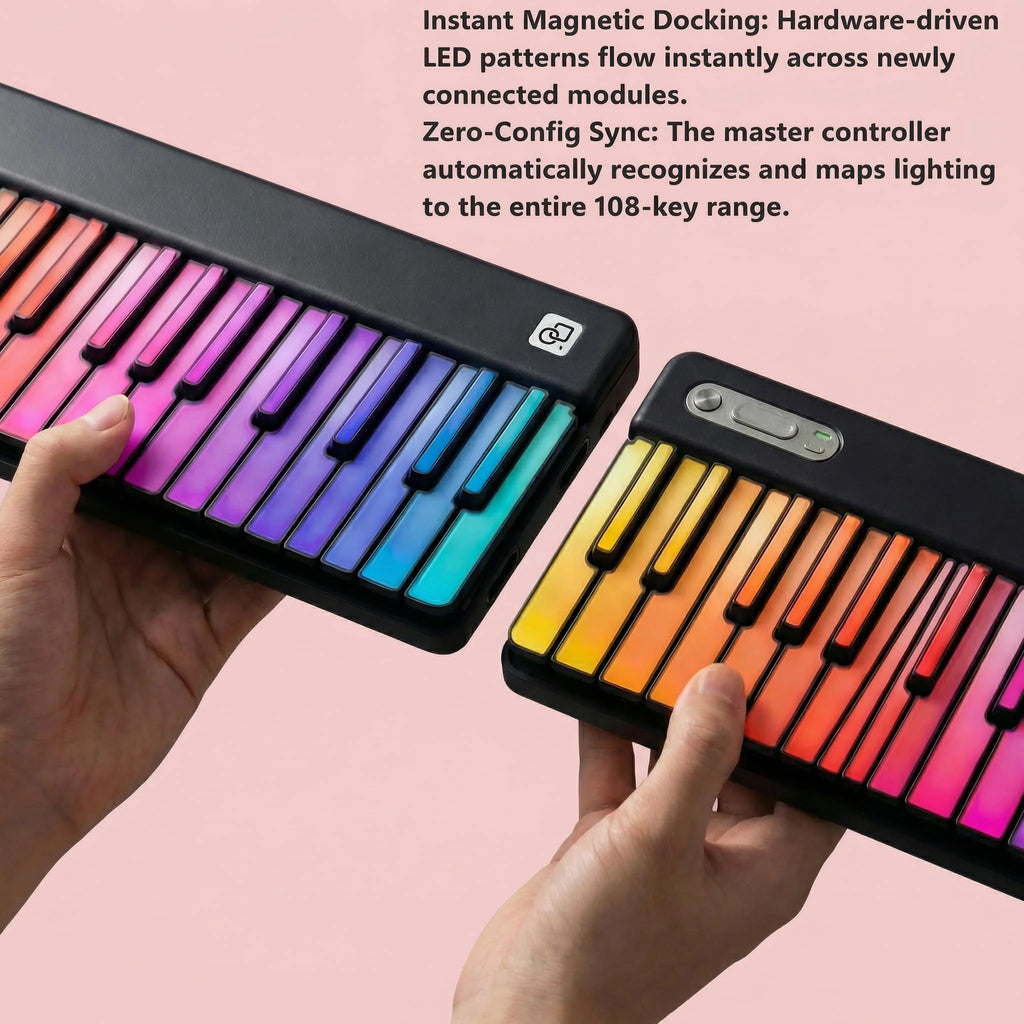 PopuMusic Rainbow Gradient Backlit MIDI Keyboard with Music Password, Bluetooth Portable Music Composer, Black and White Color Options, Complete Set with Carrying Case