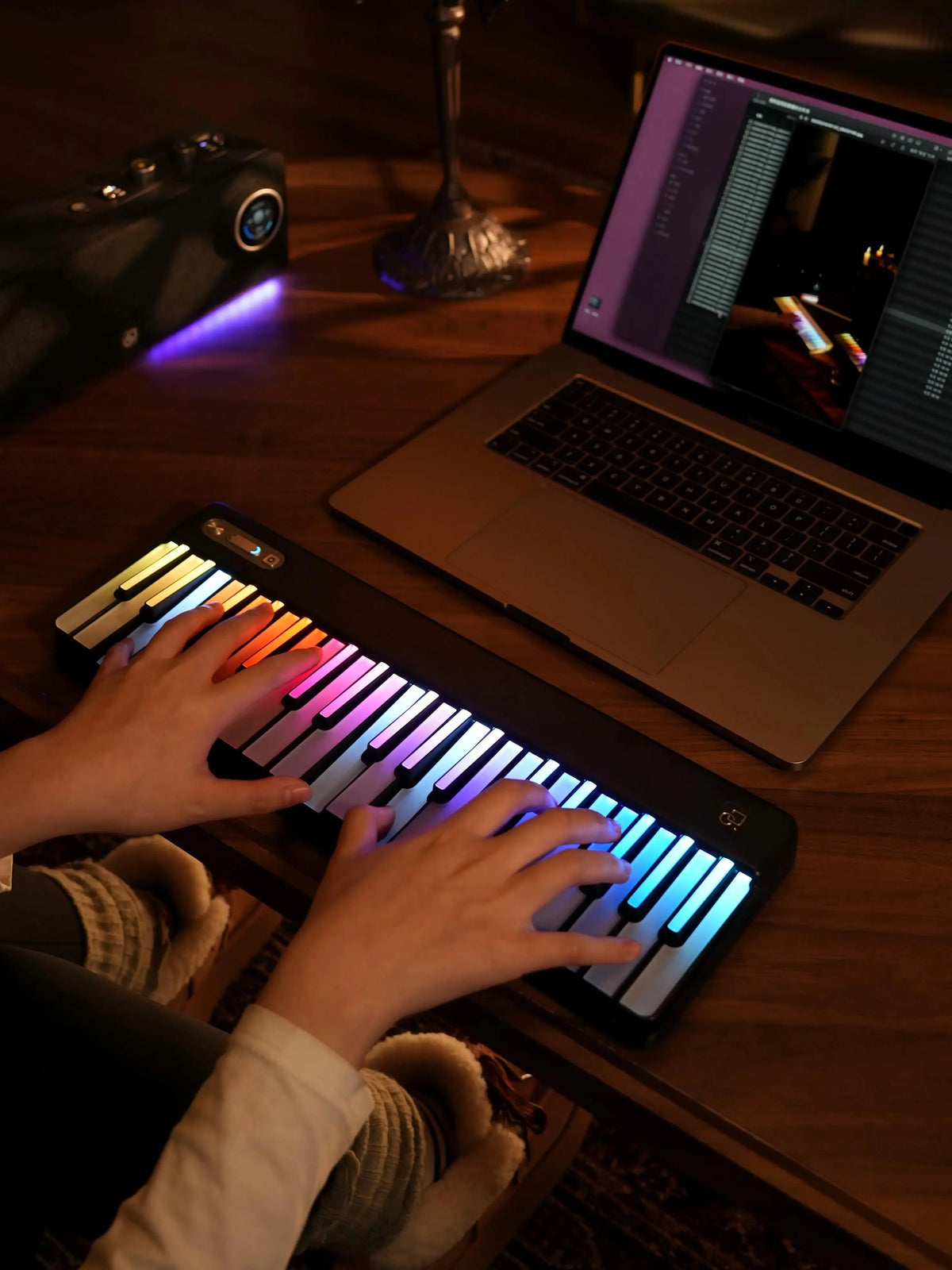 PopuMusic Rainbow Gradient Backlit MIDI Keyboard with Music Password, Bluetooth Portable Music Composer, Black and White Color Options, Complete Set with Carrying Case