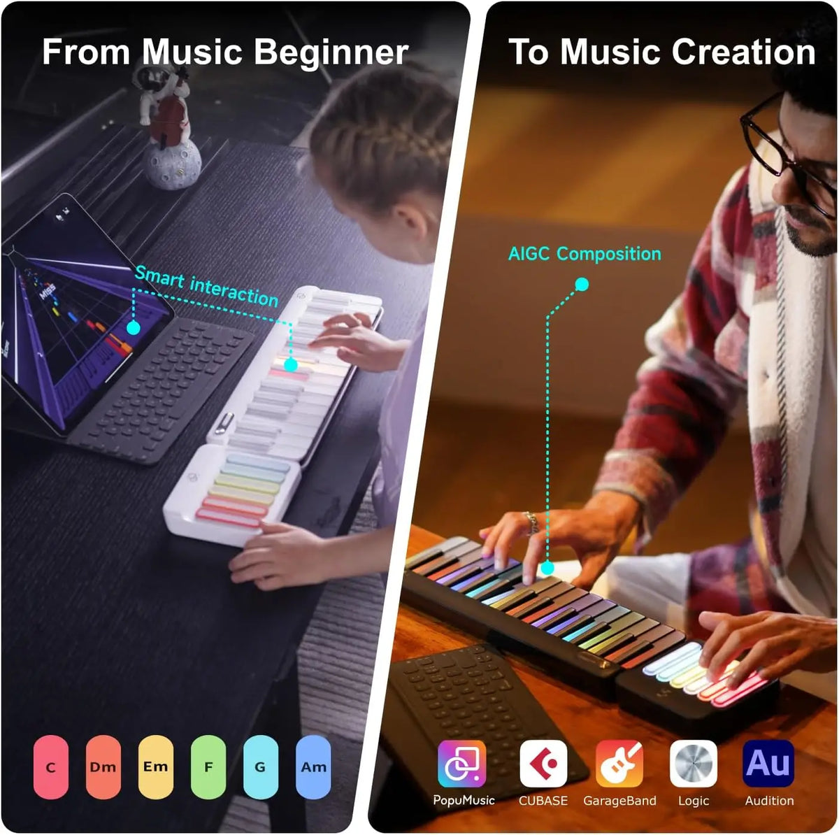PopuMusic 59 Keys Smart Piano | 29-key Main + Chord + 24 Expansion Keyboard, 256 Tones MIDI LED Portable