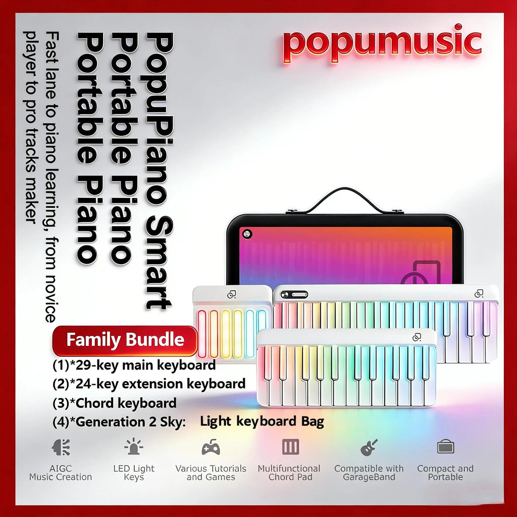 PopuMusic 59 Keys Smart Piano | 29-key Main + Chord + 24 Expansion Keyboard, 256 Tones MIDI LED Portable