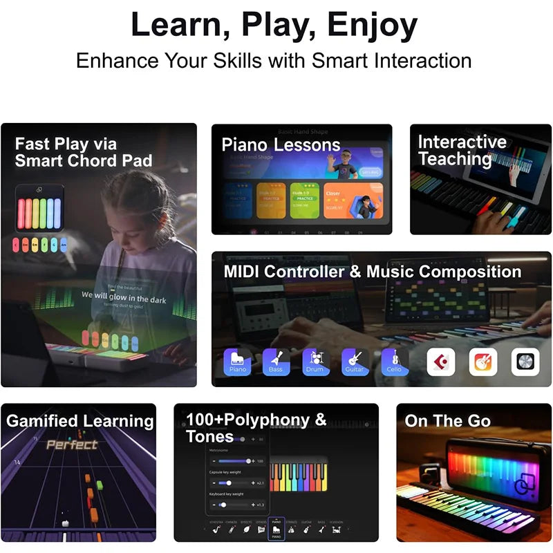 PopuMusic 59 Keys Smart Piano | 29-key Main + Chord + 24 Expansion Keyboard, 256 Tones MIDI LED Portable