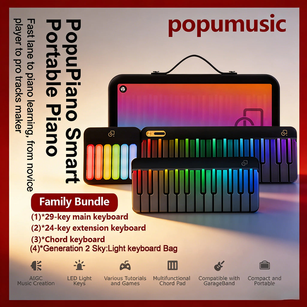 PopuMusic 59 Keys Smart Piano | 29-key Main + Chord + 24 Expansion Keyboard, 256 Tones MIDI LED Portable