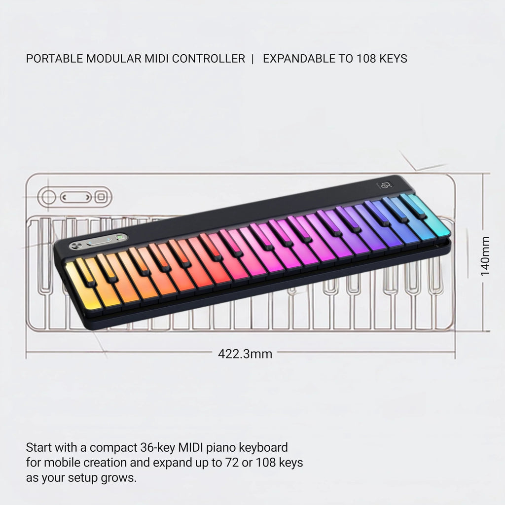 PopuMusic Rainbow Gradient Backlit MIDI Keyboard with Music Password, Bluetooth Portable Music Composer, Black and White Color Options, Complete Set with Carrying Case