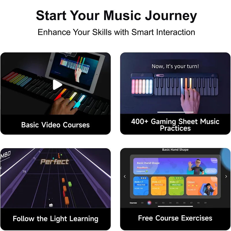 PopuMusic 59 Keys Smart Piano | 29-key Main + Chord + 24 Expansion Keyboard, 256 Tones MIDI LED Portable