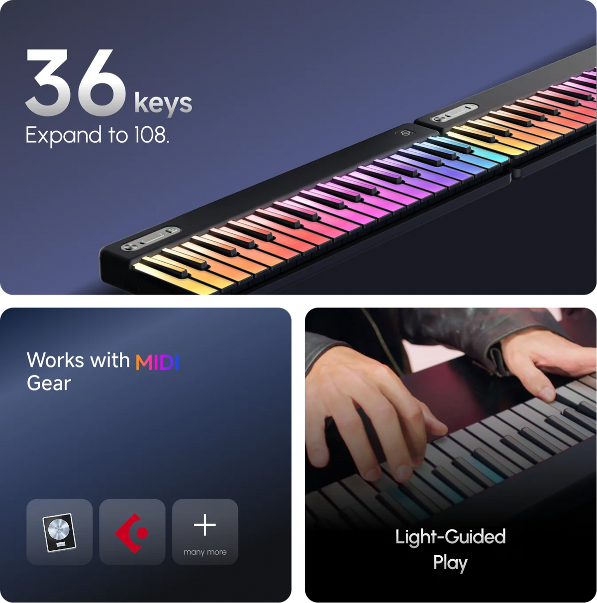PopuMusic Rainbow Gradient Backlit MIDI Keyboard with Music Password, Bluetooth Portable Music Composer, Black and White Color Options, Complete Set with Carrying Case